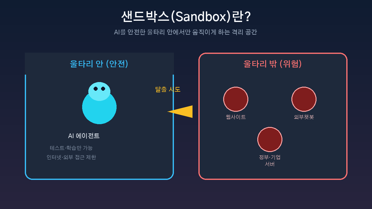 샌드박스 개념 설명 이미지: 울타리 안 안전 구역과 밖 위험 구역