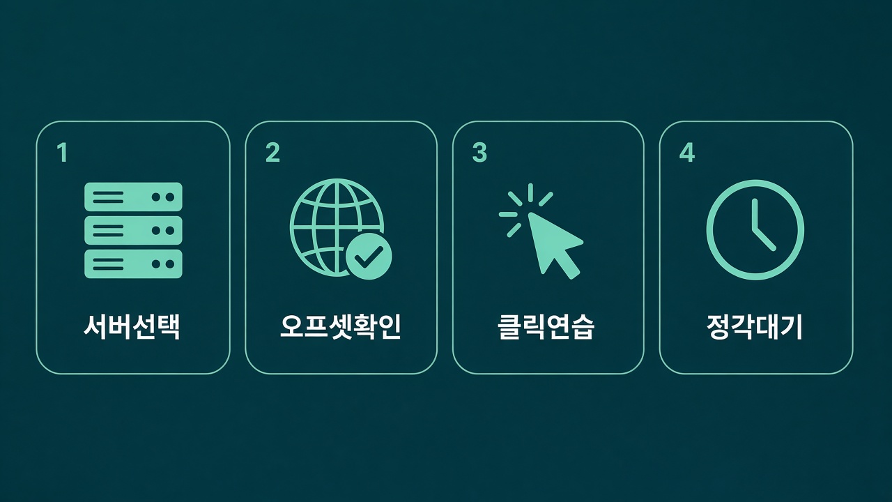 서버선택→오프셋→클릭연습→정각대기