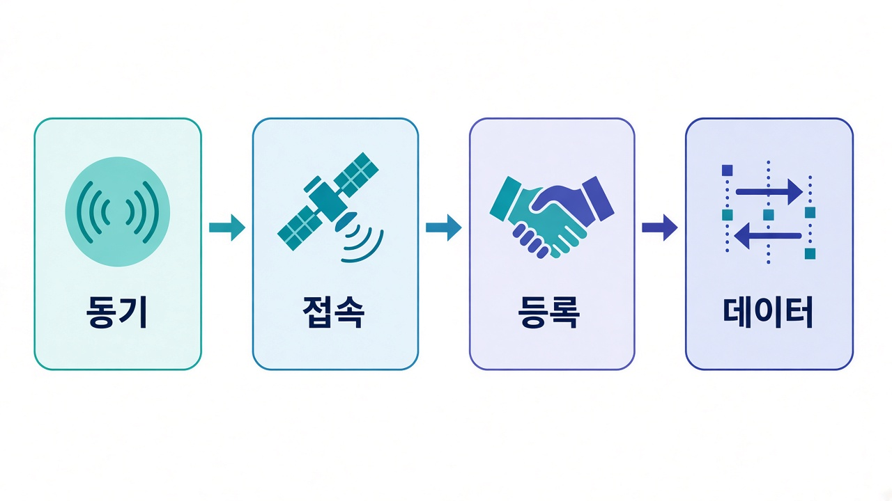 NTN 접속 흐름 — 동기·접속·등록·데이터