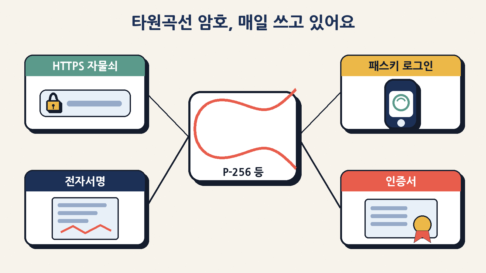 P-256 같은 타원곡선 암호는 HTTPS 자물쇠, 패스키 로그인, 전자서명, 인증서 등에서 보이지 않게 일한다