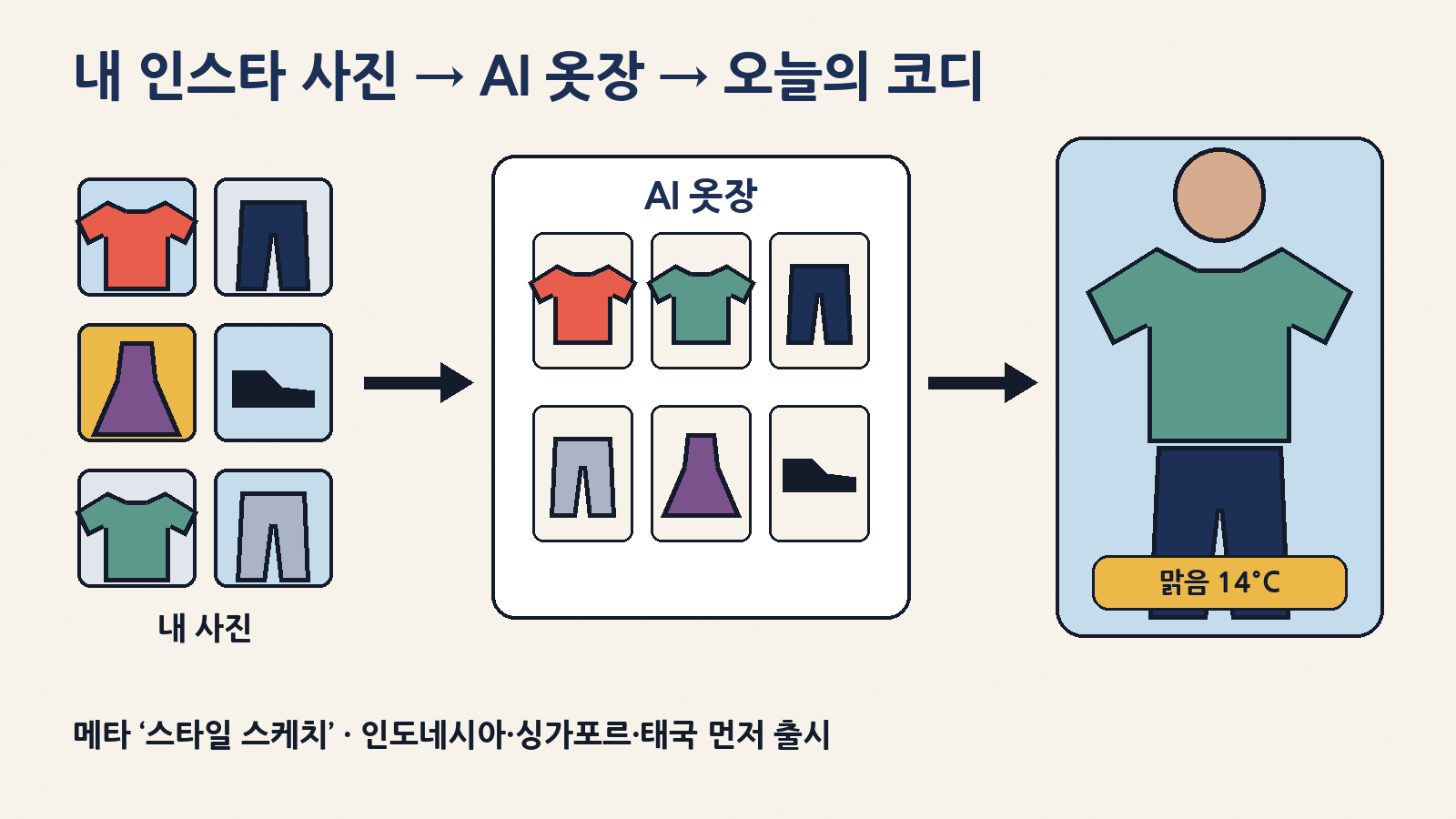 인스타그램에 올린 사진에서 옷을 찾아 AI 옷장을 만들고, 날씨에 맞춘 오늘의 코디를 나와 닮은 가상 모델에 입혀 보여 주는 메타 ‘스타일 스케치’