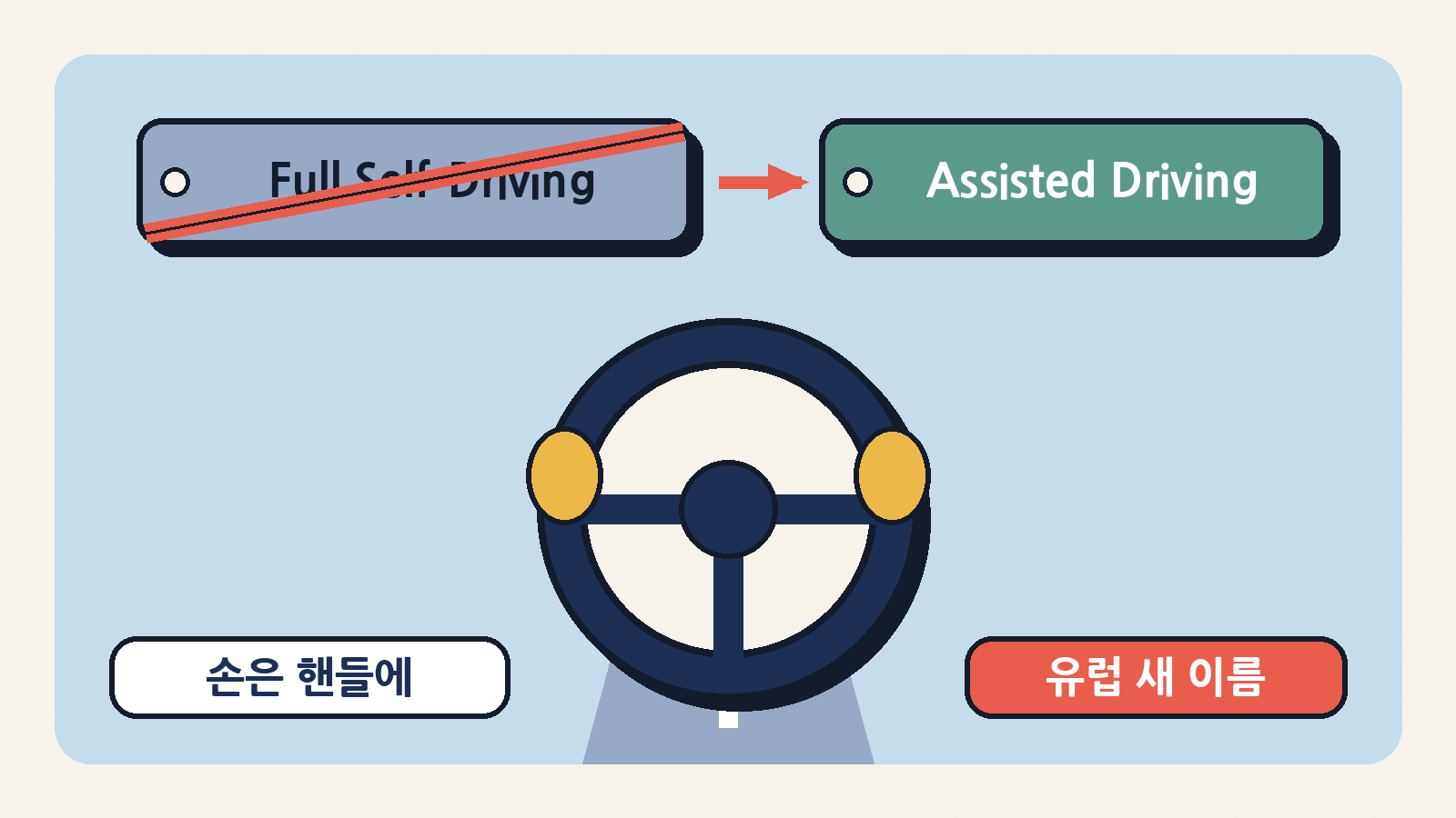 테슬라는 유럽에서 운전 보조 소프트웨어 이름을 Full Self-Driving에서 Tesla Assisted Driving(테슬라 보조 주행)으로 바꿨다. 운전자는 여전히 도로를 주시해야 한다