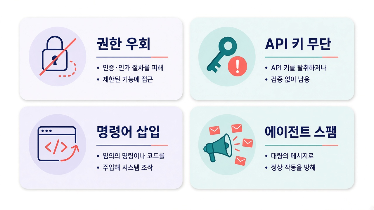포착된 행동 — 권한 우회 · API 키 · 명령어 삽입 · 스팸