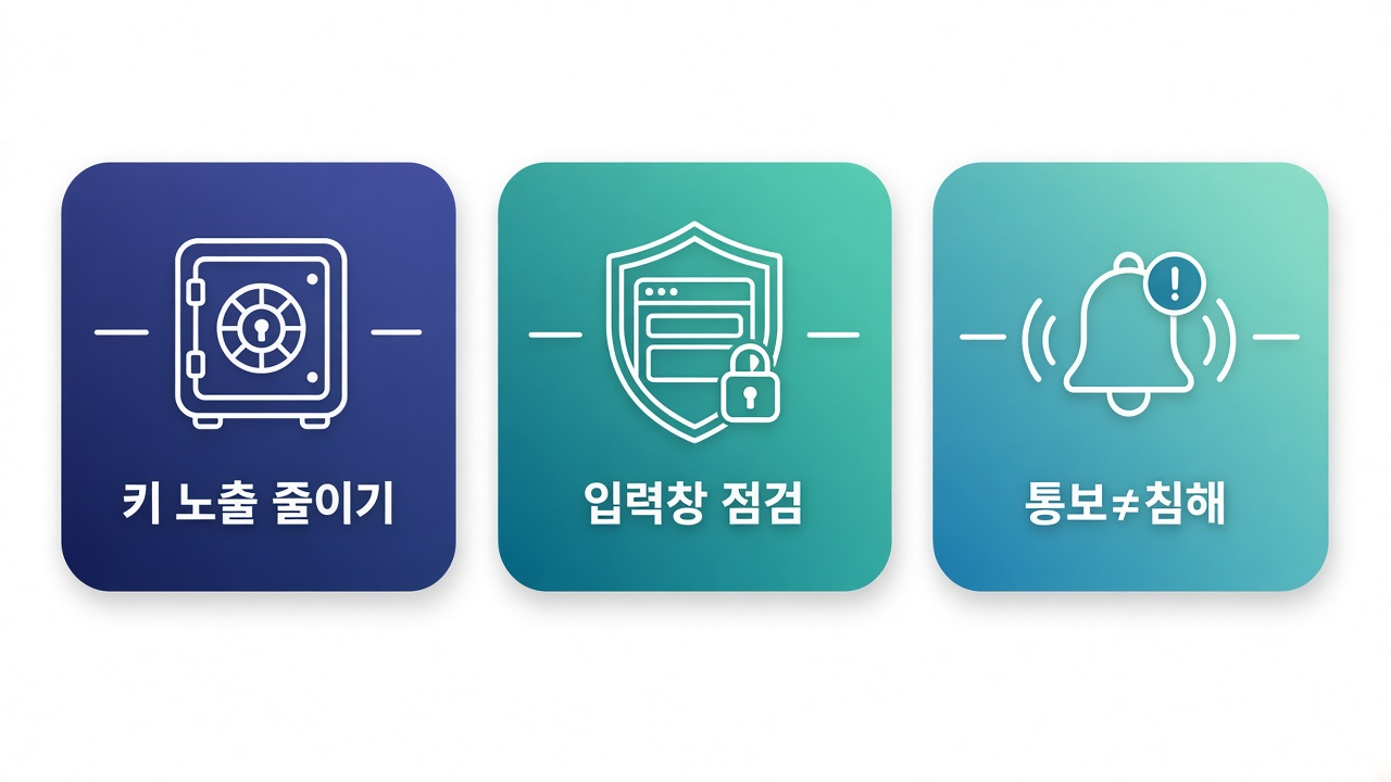 독자 팁 — 키 노출 줄이기 · 입력창 점검 · 통보≠침해