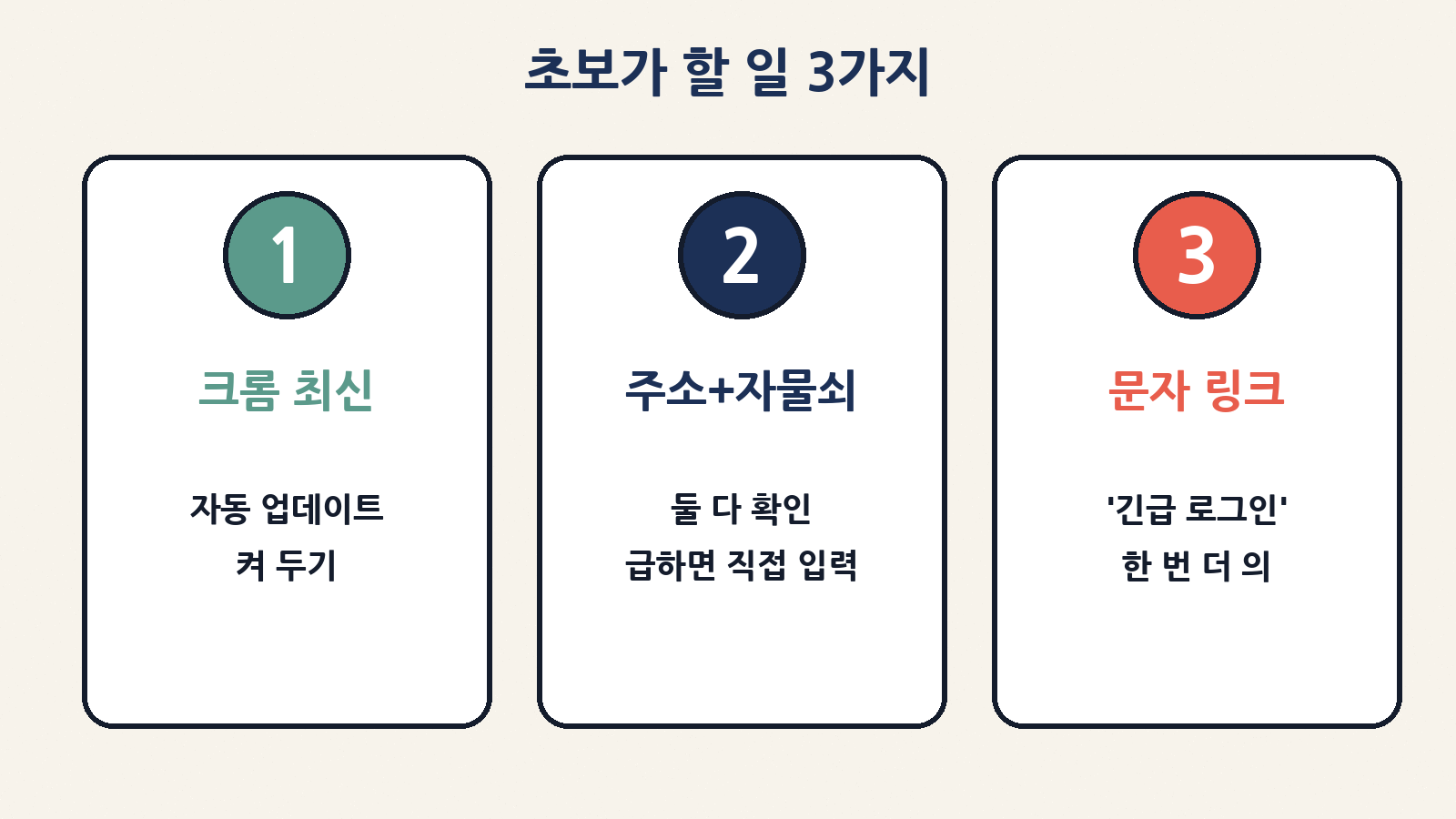 초보 대응: 크롬 최신 유지, 주소와 자물쇠를 함께 보기, 급하다는 문자 링크는 한 번 더 의