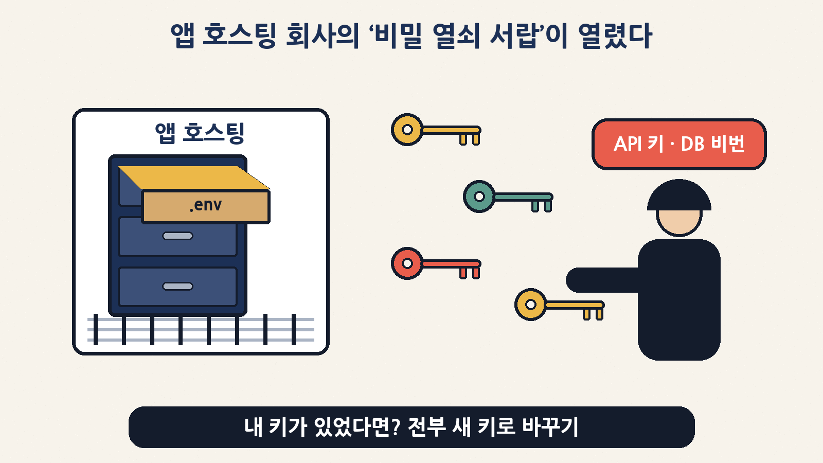 앱 호스팅 플랫폼 레일웨이에서 고객이 맡겨 둔 ‘비밀 열쇠 서랍’(환경변수)에 외부인이 접근했을 수 있어요. 키가 있었다면 전부 새 키로 바꾸는 게 답이에요