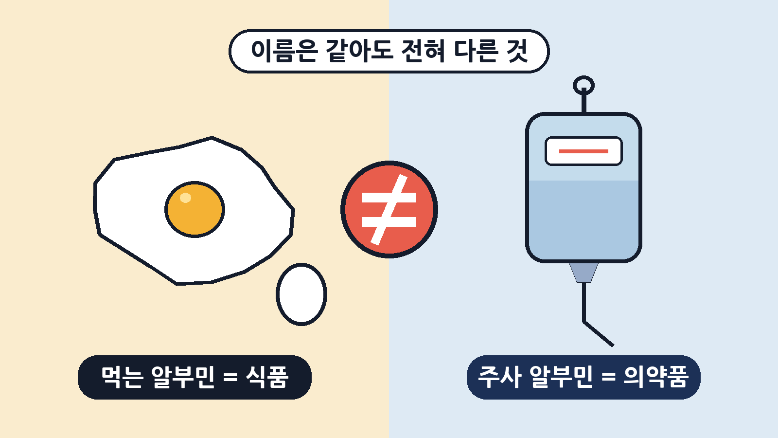 이름은 같은 알부민이지만, 먹는 알부민은 달걀흰자 단백질로 만든 식품이고 병원 알부민 주사는 의사 처방이 필요한 전문의약품이에요