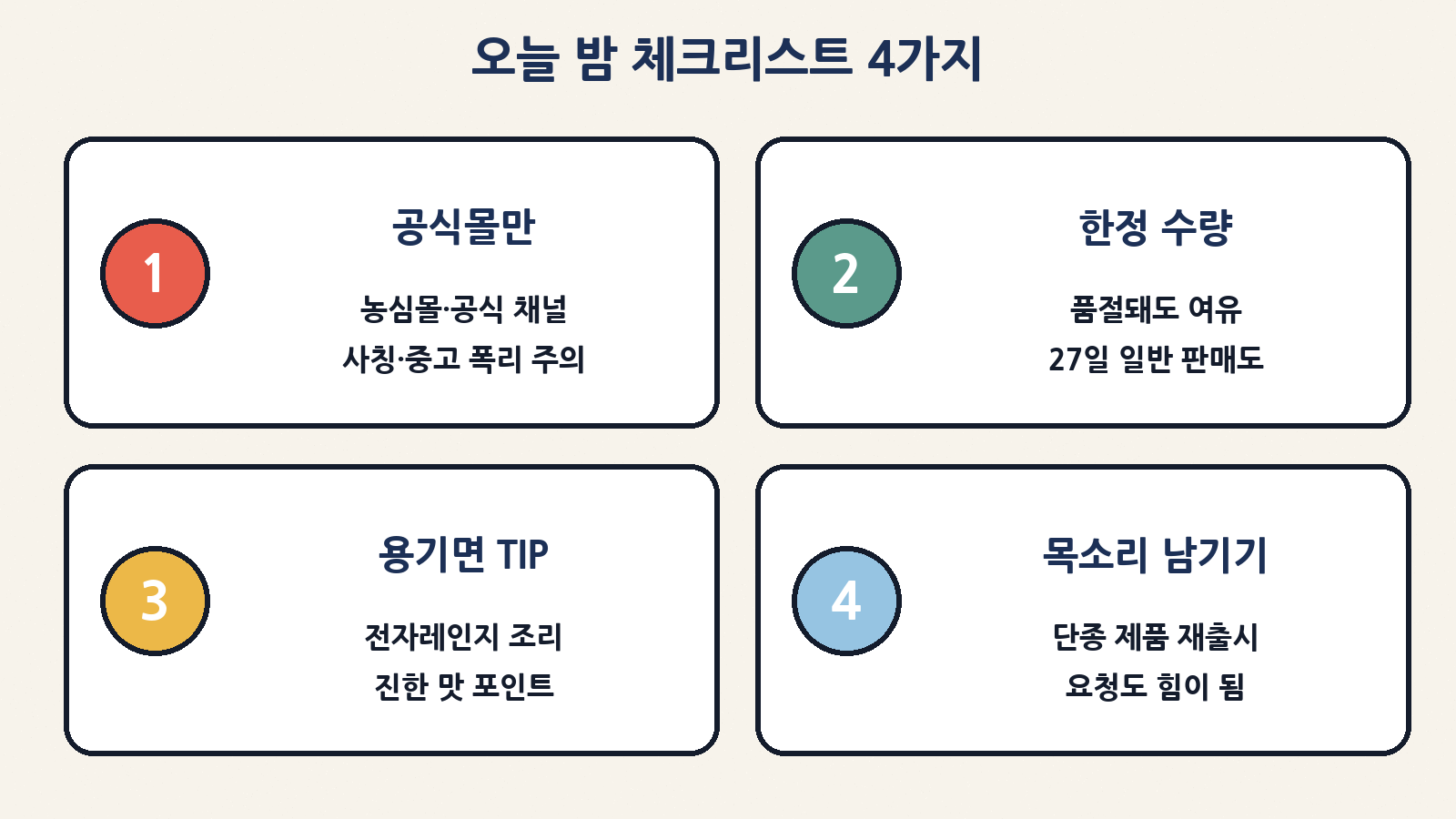 오늘 밤 체크: 공식몰만, 한정에 여유, 전자레인지 안내, 소비자 목소리