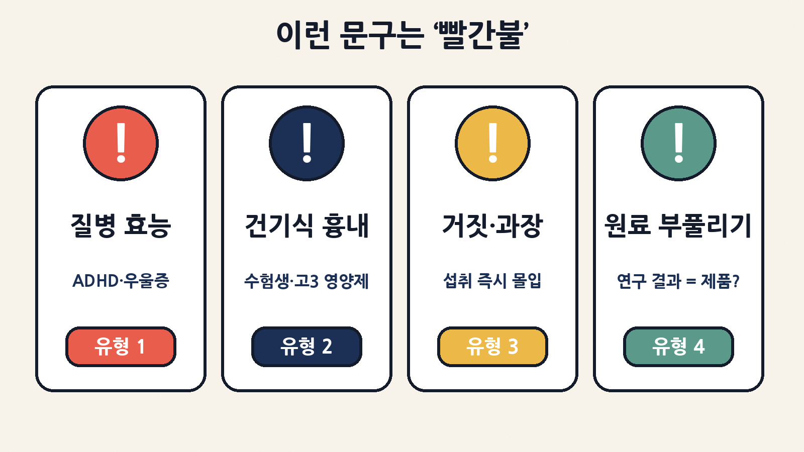 부당광고 4가지 유형: 질병 효능 표방, 건강기능식품 오인, 거짓·과장, 원료 효능을 제품 효능처럼 보이게 하는 기만 광고