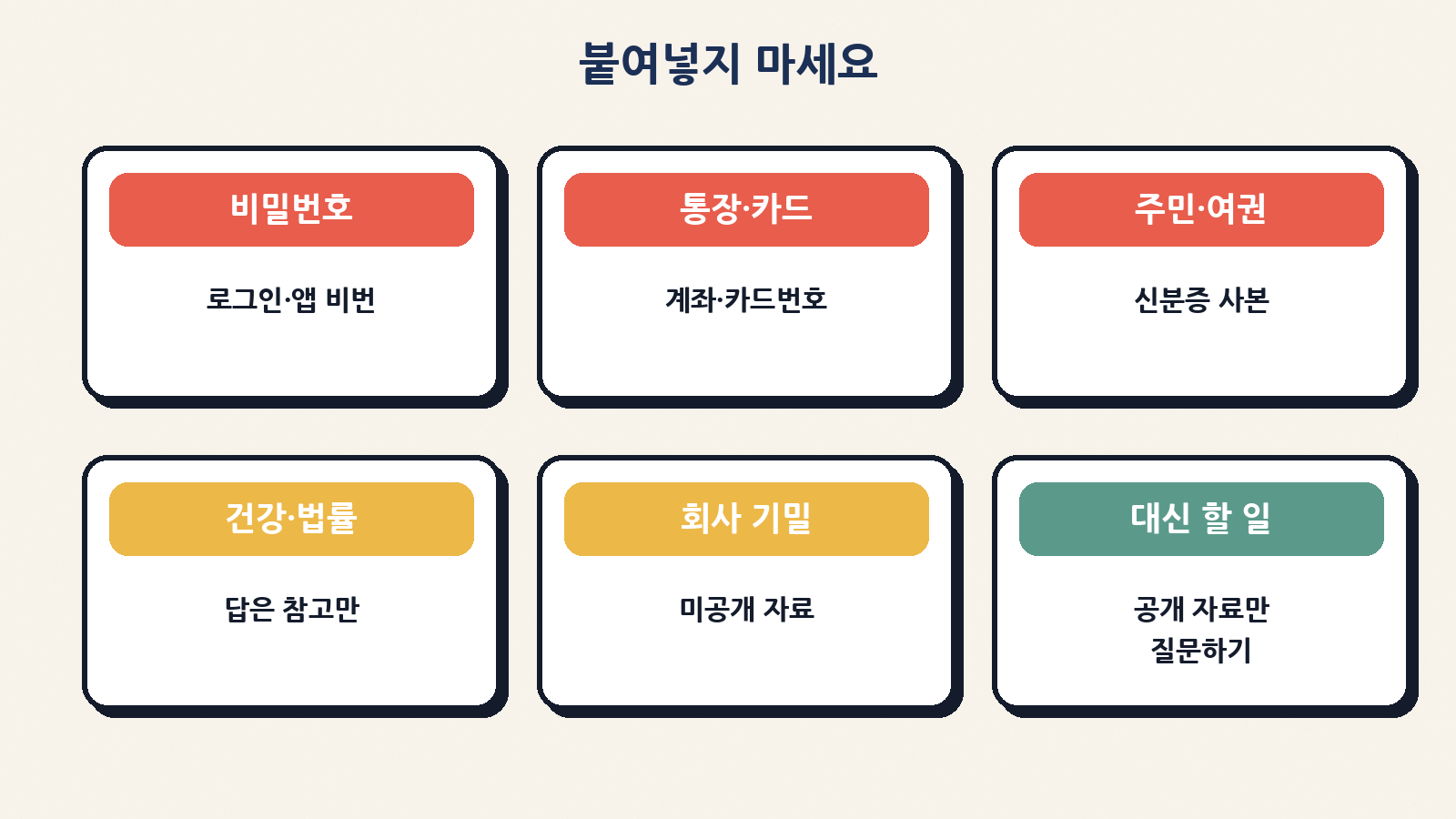 비밀번호·통장·신분증은 붙여넣지 말고, 건강·법률 답은 재확인