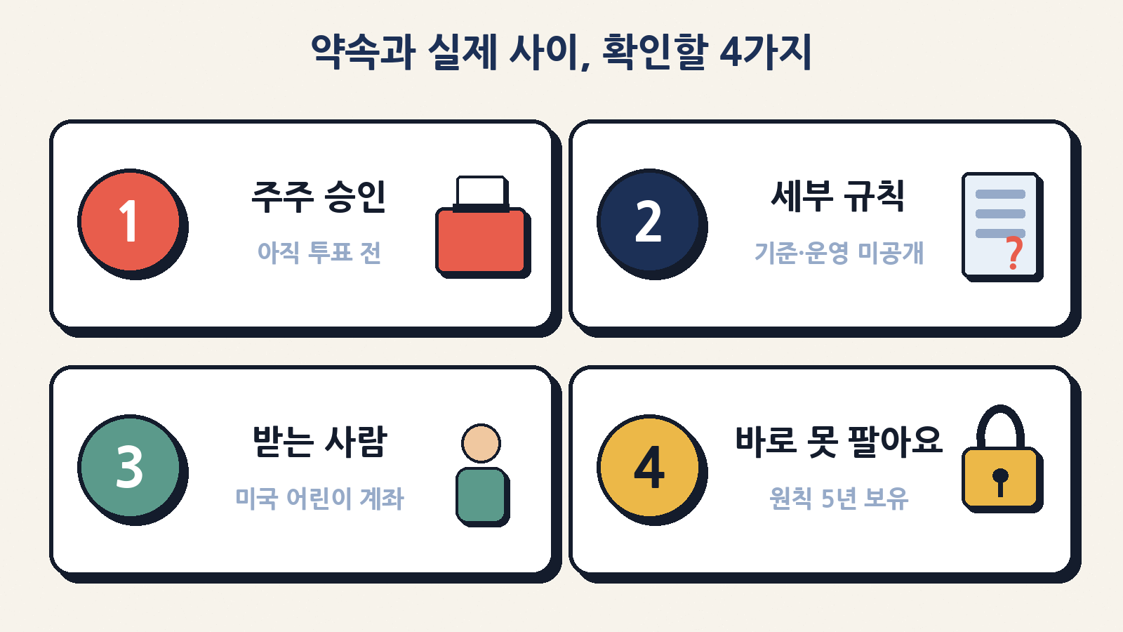 약속과 실제 사이에서 확인할 4가지: 주주 승인 전, 세부 규칙 미공개, 받는 사람은 미국 어린이 계좌, 받은 주식은 원칙적으로 5년 보유