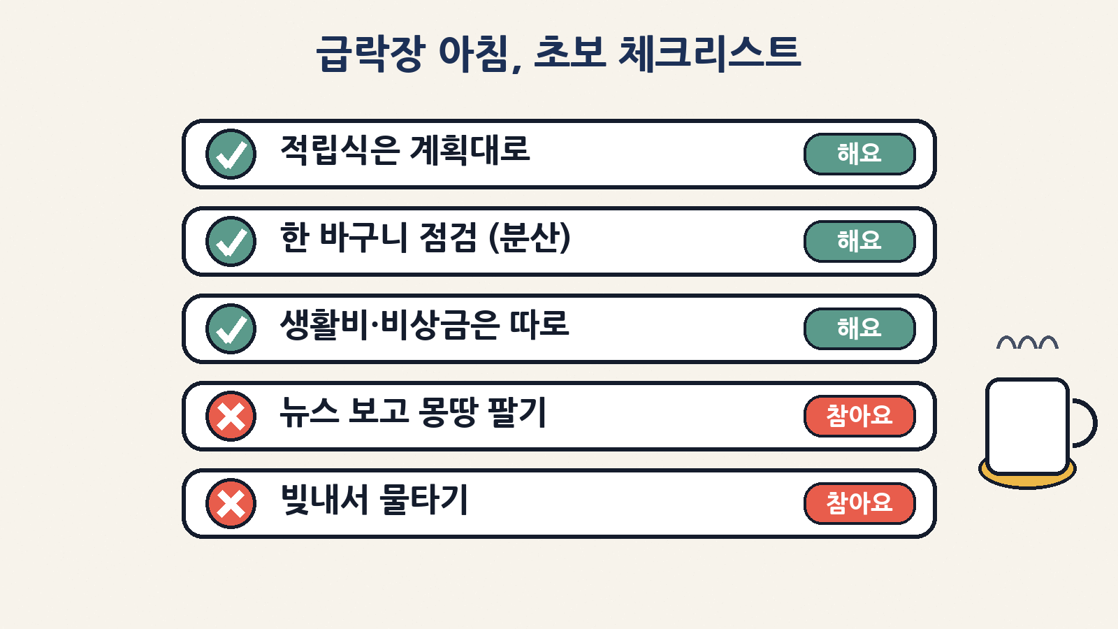 급락장 아침엔 적립식은 계획대로, 분산은 점검, 뉴스 과잉반응과 빚투는 참아요