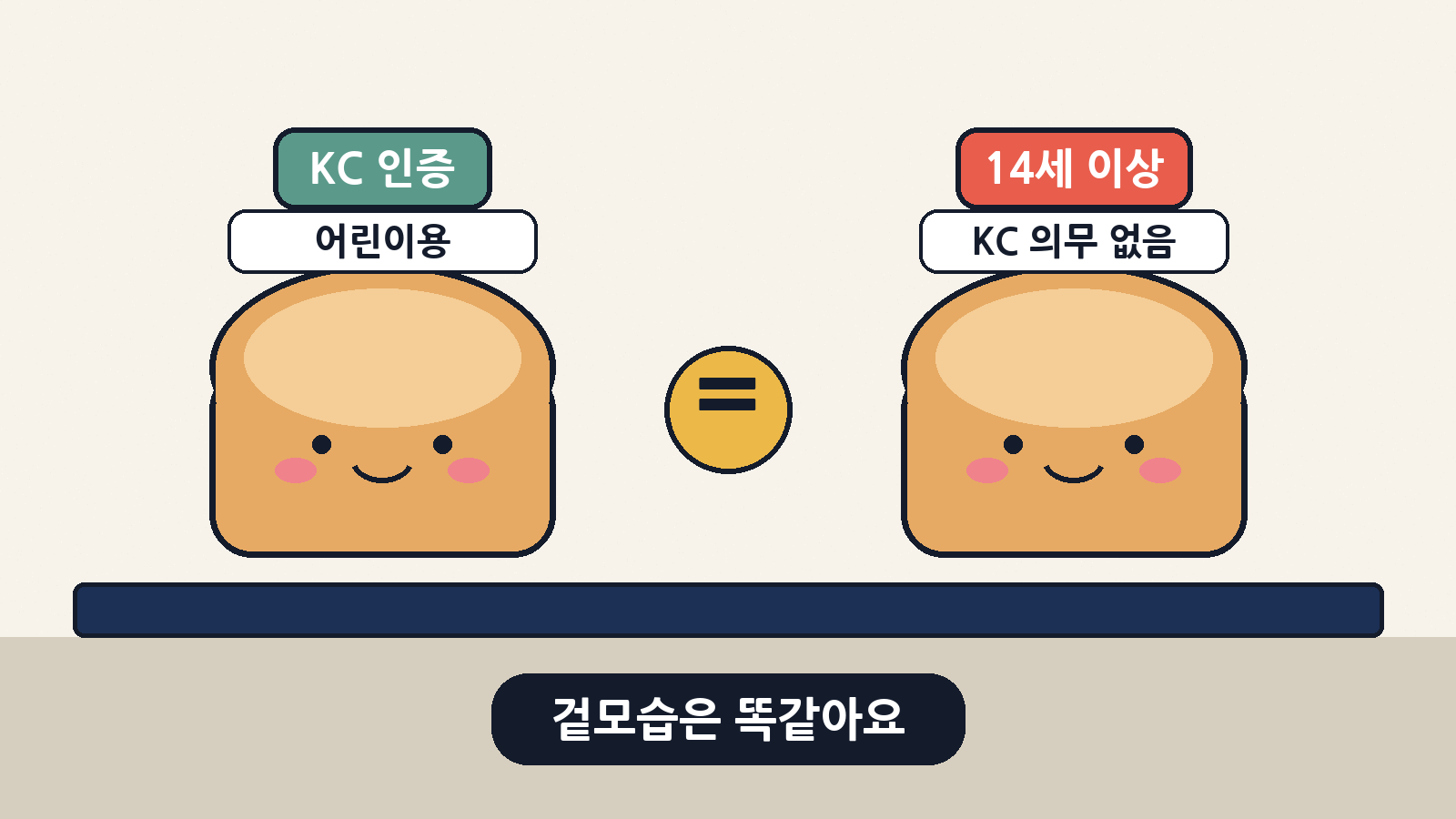 겉모습이 똑같은 말랑이라도 포장에 KC 인증 어린이용인지, KC 의무가 없는 '14세 이상' 제품인지에 따라 안전검사 여부가 달라져요