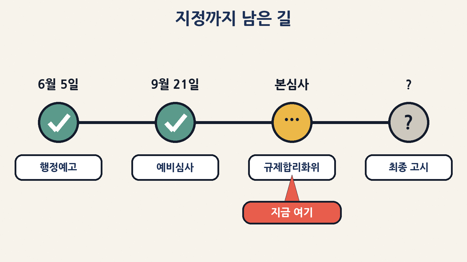 지정까지 남은 길: 6월 5일 행정예고 → 9월 21일 예비심사 → 규제합리화위원회 본심사(지금) → 최종 고시(미정)