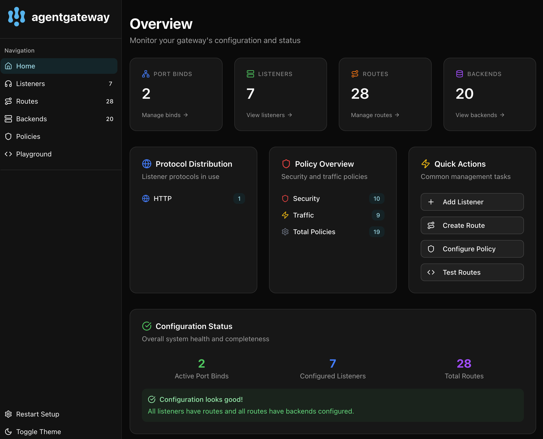 agentgateway 공식 저장소 이미지: 내장 관리 UI 홈 화면 (img/UI-homepage.png)