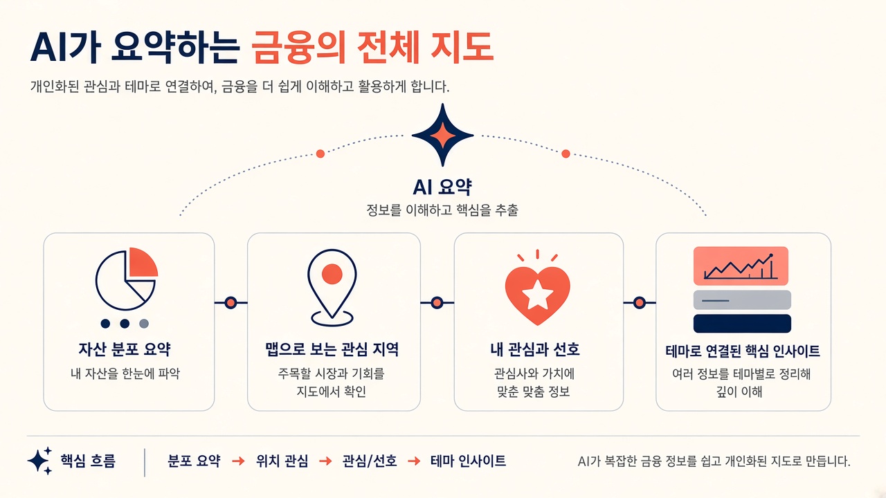 금융 판 신기능 — Overview · 지도 · 관심 종목 · 이슈 테마