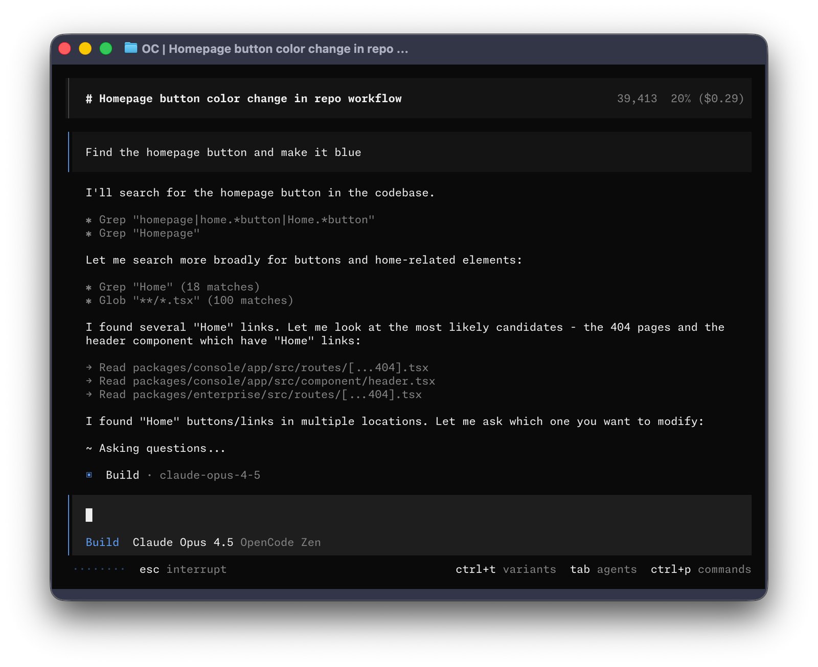 opencode README: 터미널 코딩 에이전트 TUI 화면